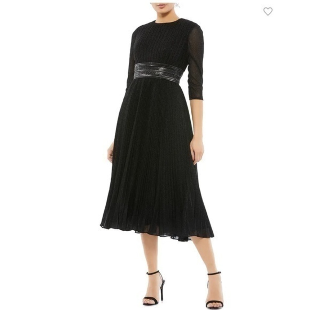 NEW MAC DUGGAL Black Metallic Pleated A-Line Midi Cocktail Dress